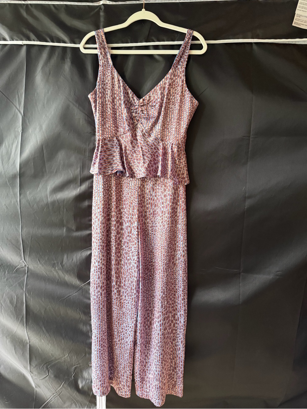 Waverly Grey Size 4 Printed Peplum Wide Leg Jumpsuit Blue Brown Made in USA